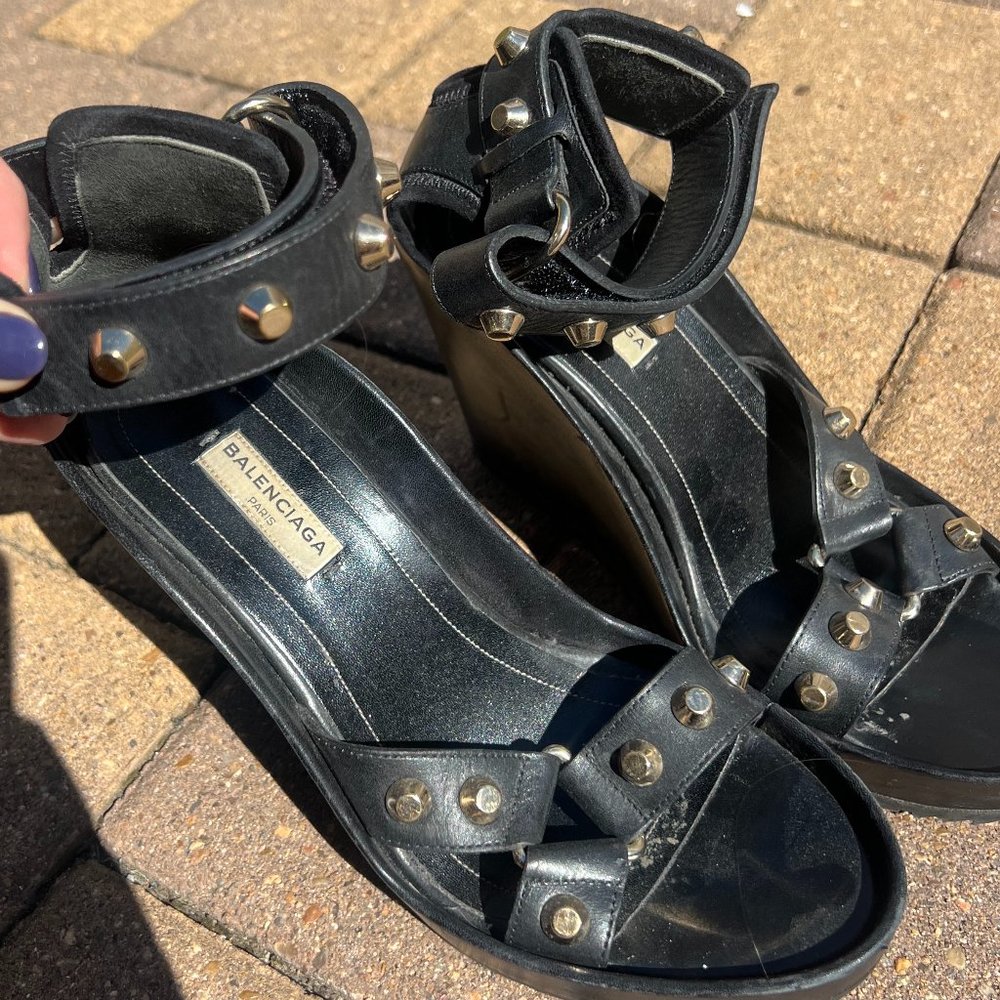 Balenciaga Black Leather Studded Wedge Ankle Cuff Sandals Size